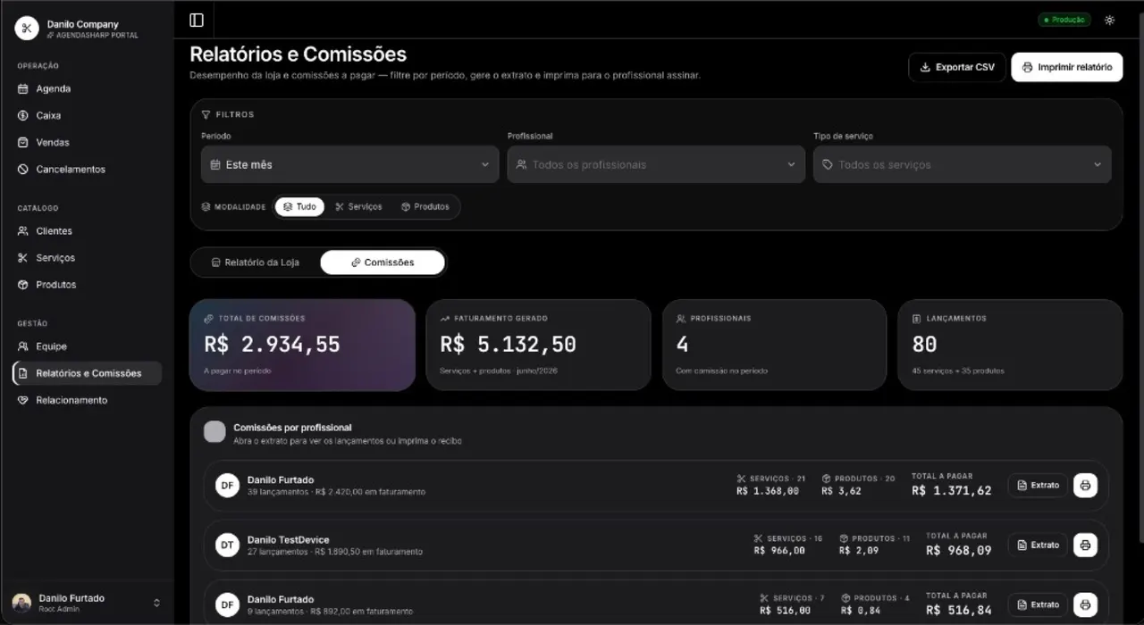 Relatórios e comissões do AgendaSharp no portal web, com total a pagar por profissional